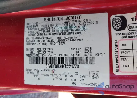 2012 Ford Fusion Se z USA, uszkodzony, nr VIN 3FAHP0HA8CR224770